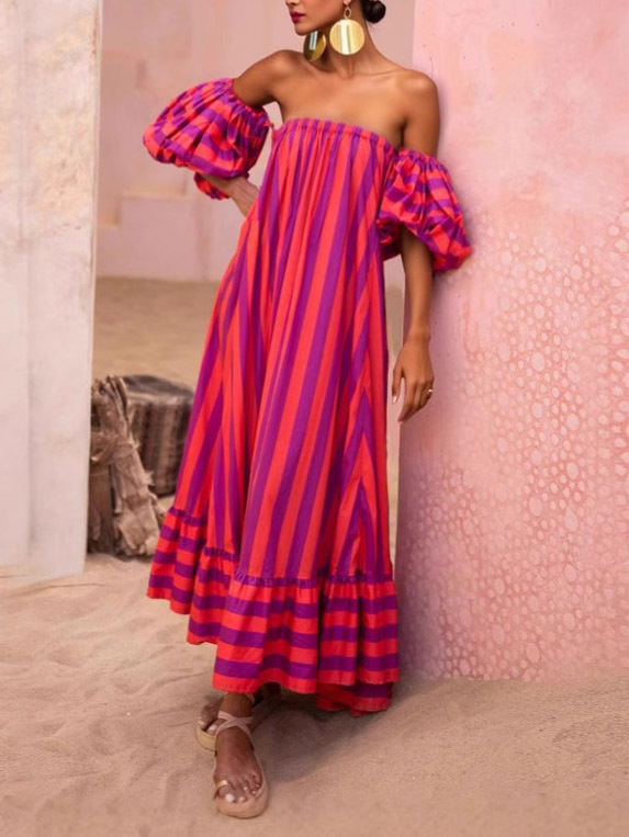Stunning Unique Stripe Print Puff Sleeve Maxi Dress