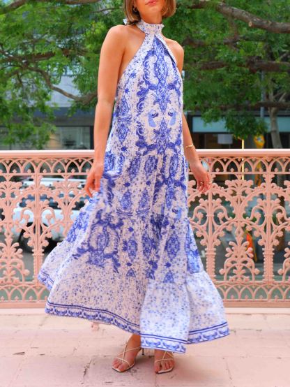 Elegant Halterneck Celadon Print Maxi Dress