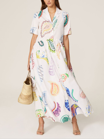 Exquisite Casual Painting Paisley Teardrop Pattern Shirt Maxi Dress