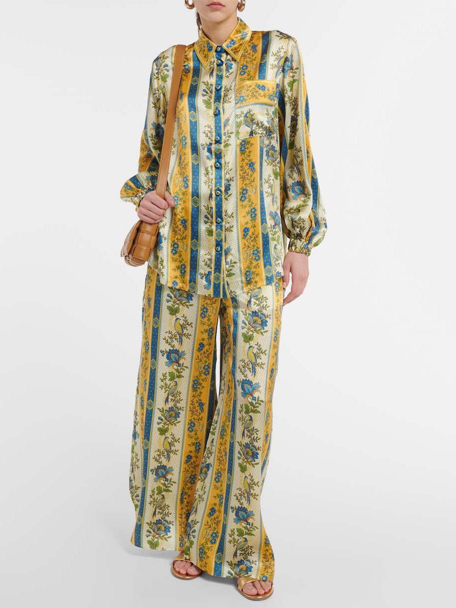 Unique Satin Floral Stripe Print Wide-leg Pants