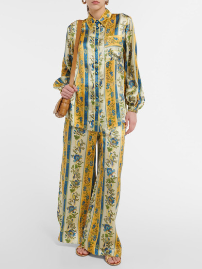 Unique Satin Floral Stripe Print Wide-leg Pants