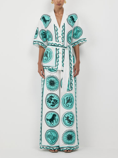 Unique Pattern Printed Elastic Waist Wide-leg Pants