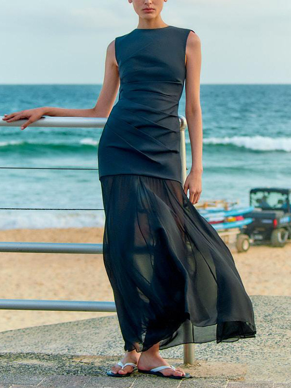 Elegant Casual Open Back Draped Maxi Dress