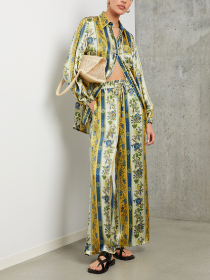 Unique Satin Floral Stripe Print Wide-leg Pants