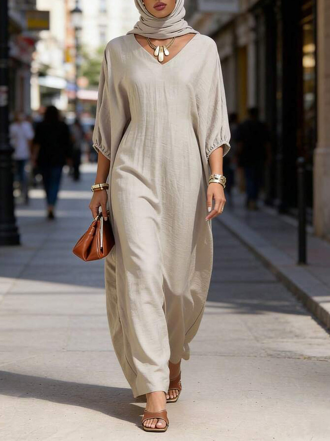 Casual V-neck Batwing Sleeve Loose Long Kaftan Dress