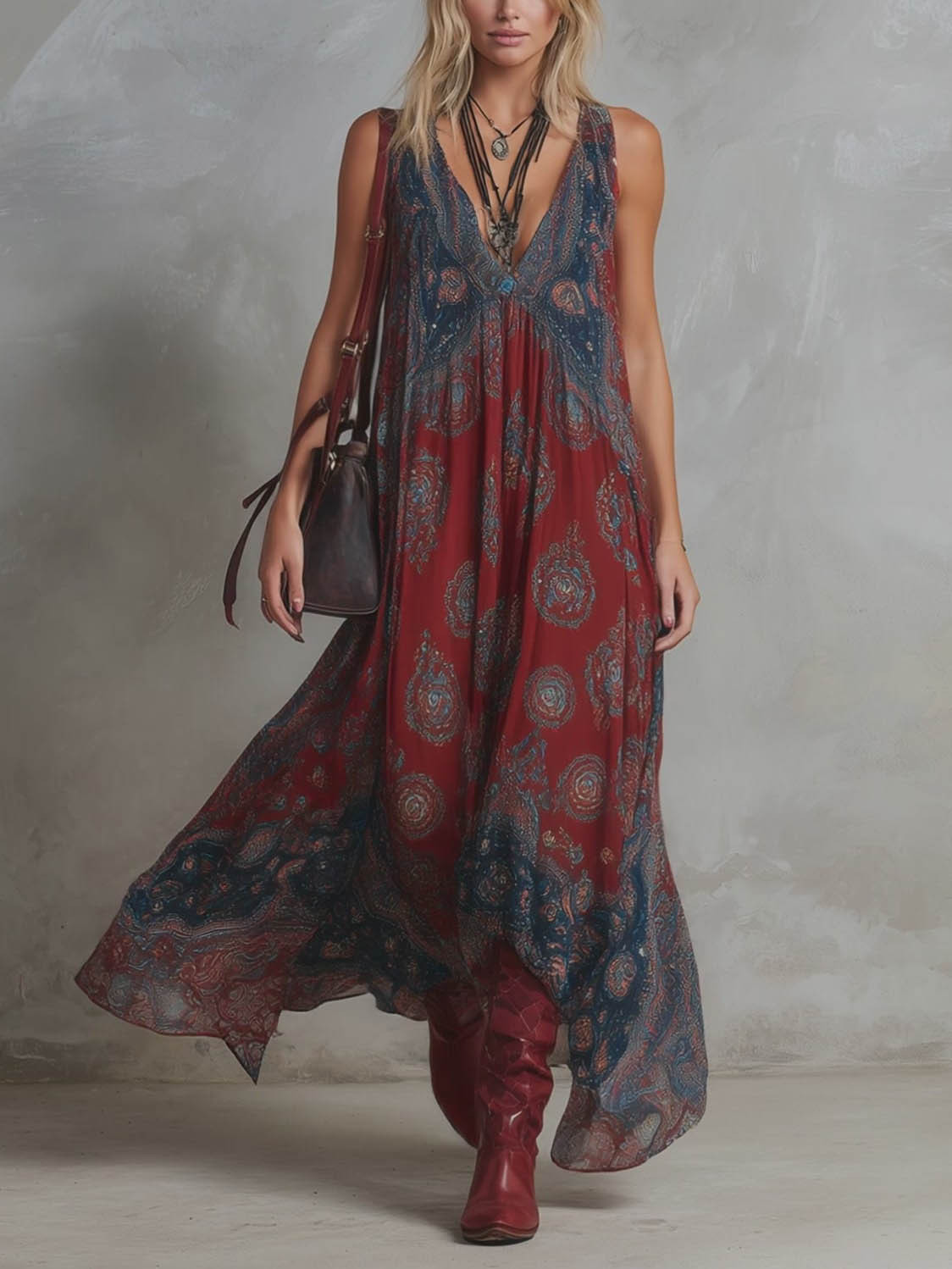 Bohemian Deep V-Neck Paisley Print Flowing Maxi Dress
