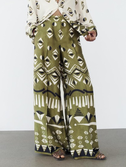 Exquisite Satin Geometric Print Wide-leg Pants