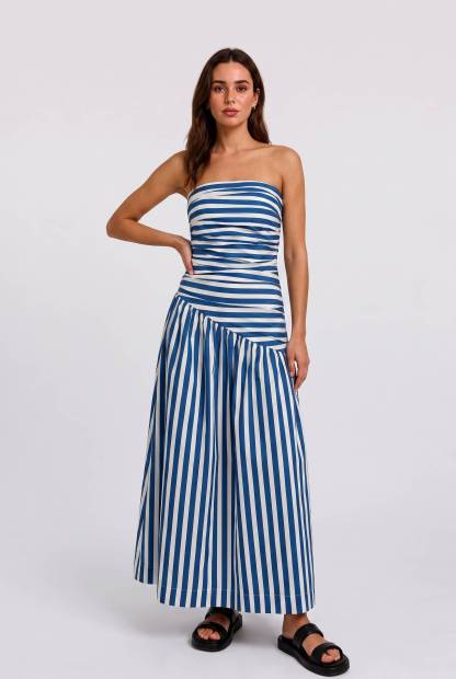 Blue And White Striped Strapless Pleated Asymmetrical Stitching Long Dress