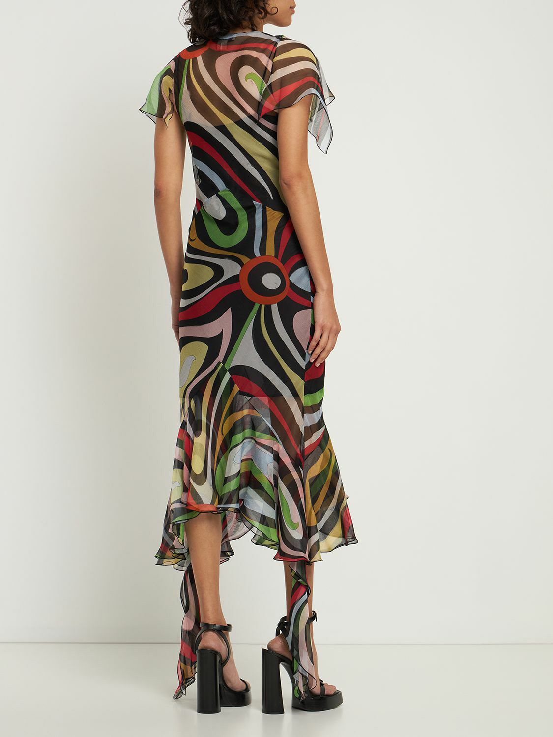 Retro Abstract Print Ruffled Irregular Midi Dress