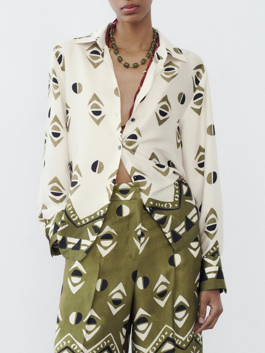 Exquisite Satin Geometric Print Long-sleeved Shirt
