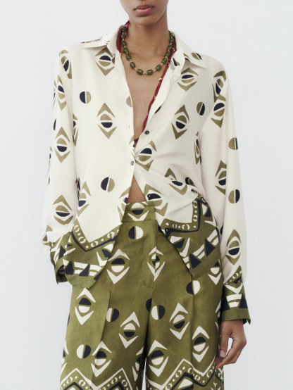 Exquisite Satin Geometric Print Long-sleeved Shirt