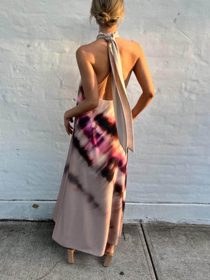 Unique Tie-Dye Printed Halterneck Lace Up Backless Maxi Dress