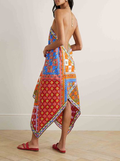 Unique Asymmetric Print Halter Neck Midi Dress