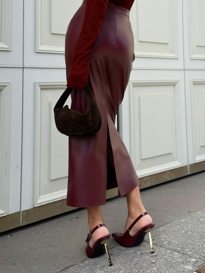 Slit hip-wrap PU Leather Skirt