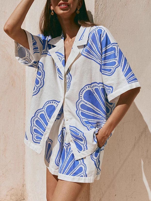 Casual Ocean Shell Print Shorts Two-Piece Set