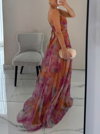 Elegant V-neck Fantasy Painted Floral Print Party Maxi Dress main image 0