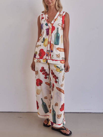 Exclusive Print With Contrasting Red Trim V-neck Button-Front Vest