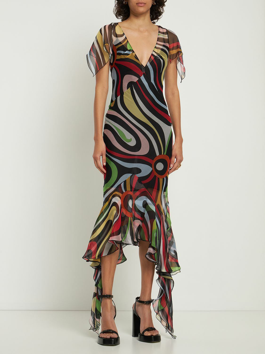 Retro Abstract Print Ruffled Irregular Midi Dress