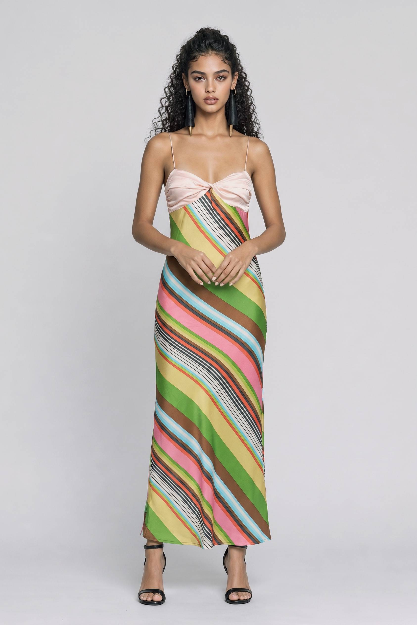 Pink Satin Twisted Thin Strap Colorful Slant Striped Satin Slim-Fit Midi Dress