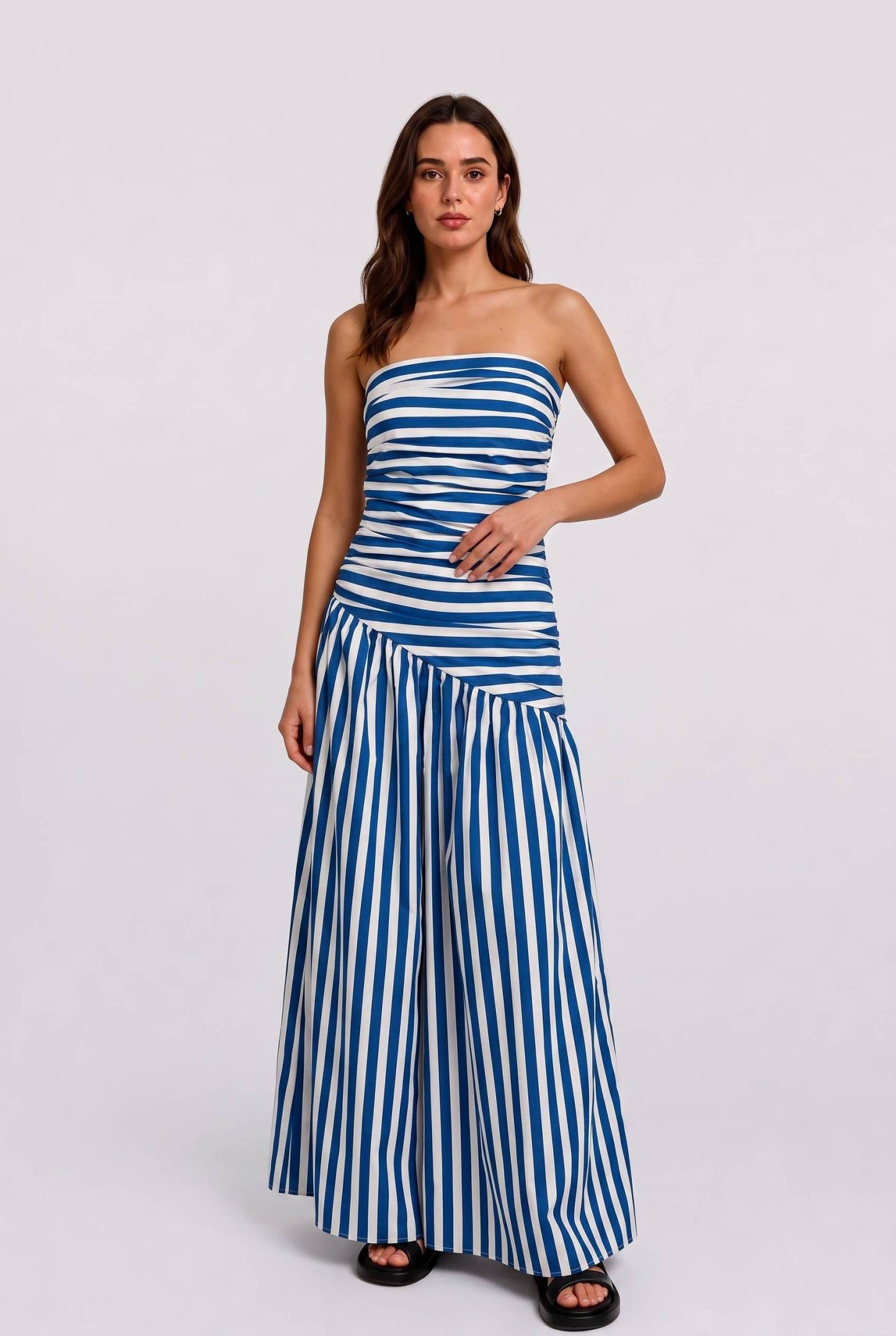 Blue And White Striped Strapless Pleated Asymmetrical Stitching Long Dress