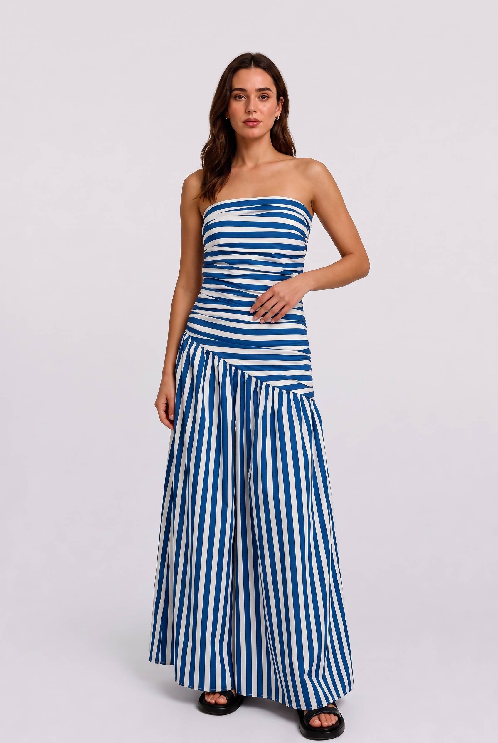Blue And White Striped Strapless Pleated Asymmetrical Stitching Long Dress