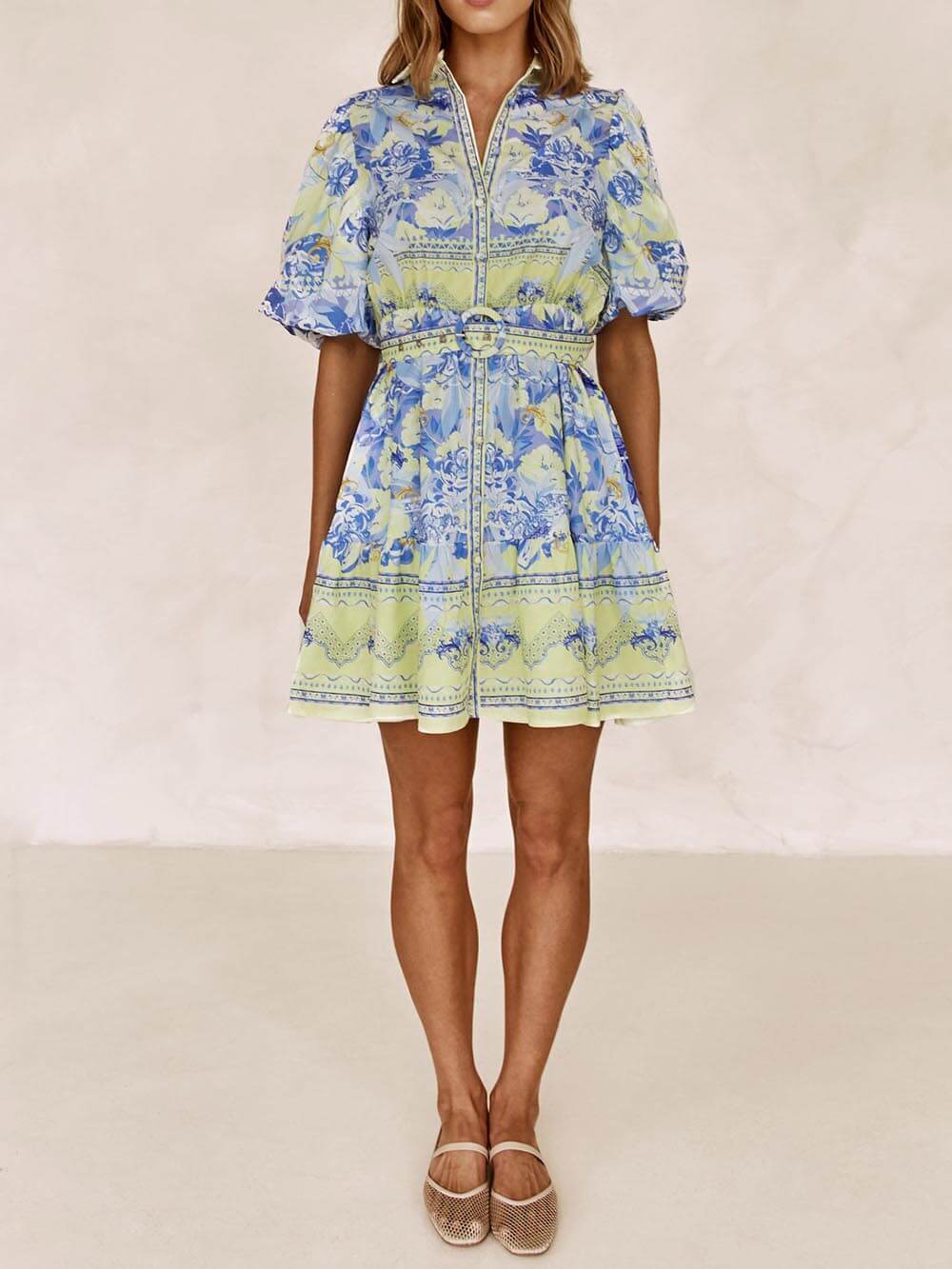 Blue And Yellow Floral Print Mini Dress-Likemychoice