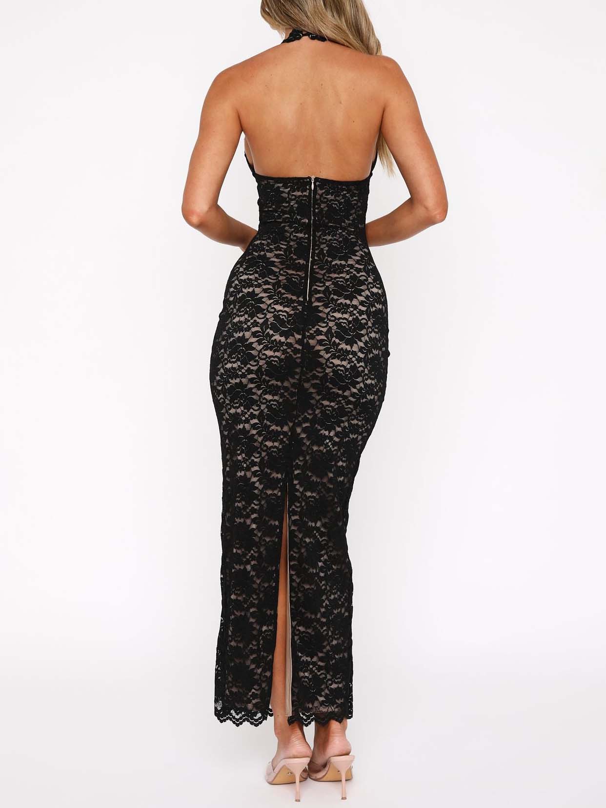 Vestido largo sexy de encaje con cuello halter
