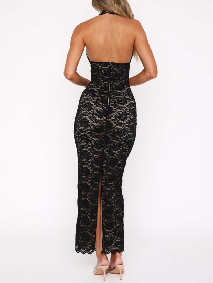 Sexy Halter Neck Lace Maxi Dress
