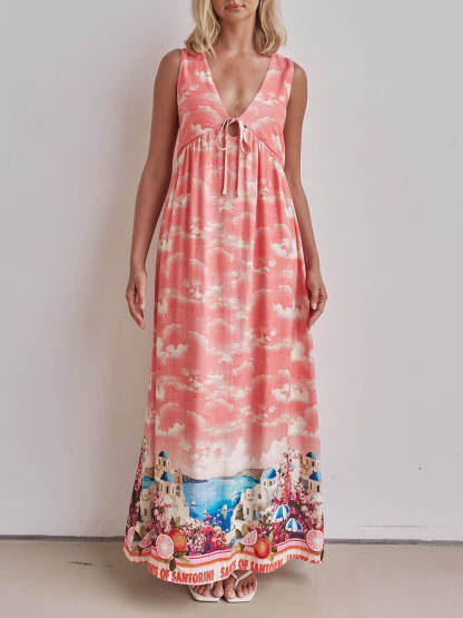 Unique Ink-Print V-Neck Lace-Up Loose-Fitting A-Line Maxi Dress