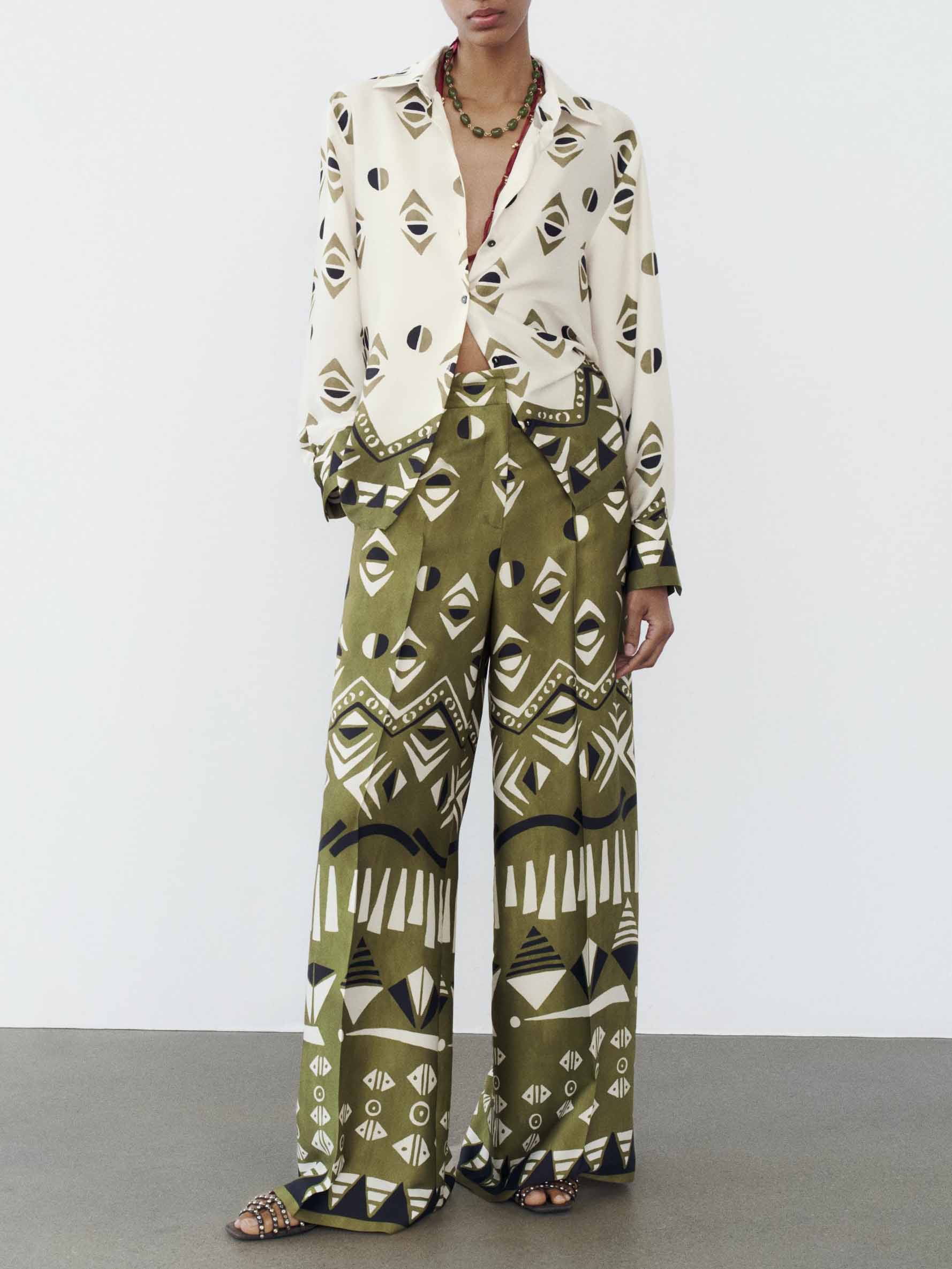 Exquisite Satin Geometric Print Long-sleeved Shirt