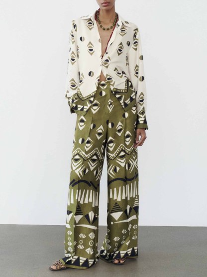 Exquisite Satin Geometric Print Long-sleeved Shirt
