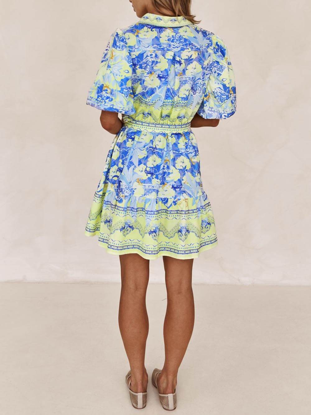 Blue And Yellow Floral Print Mini Dress-Likemychoice