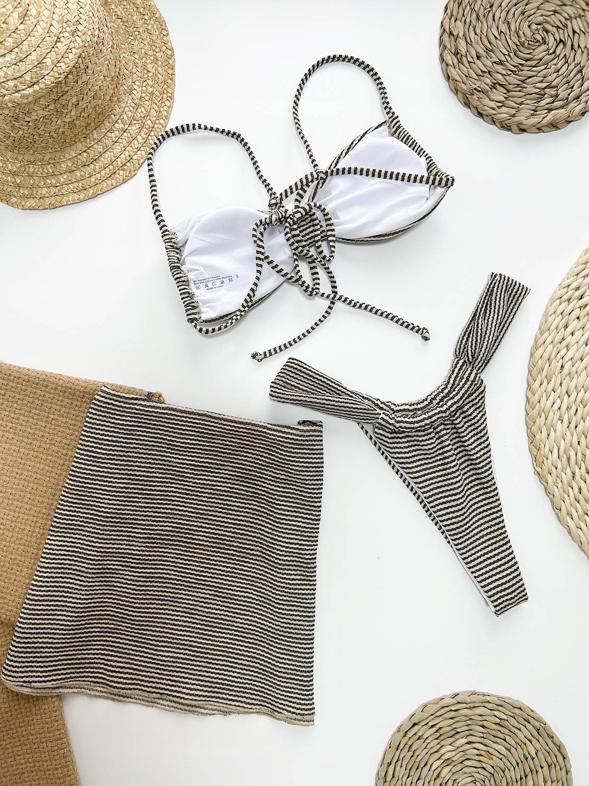 Striped Bikini Overskirt Three-piece Set