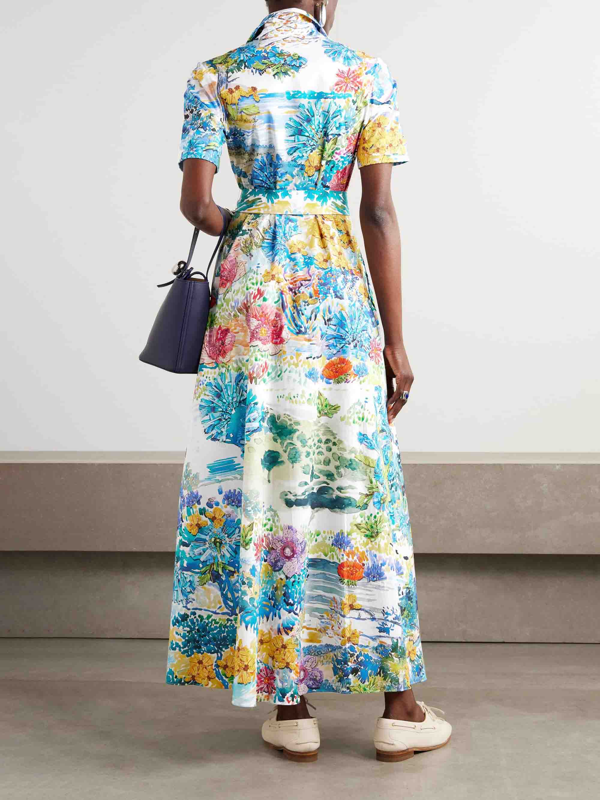 Unique Watercolor Print Tie-Dress Shirt Maxi Dress