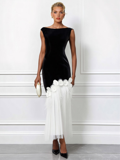 Elegant Floral Feather Tassel Boat Neck Pleated Maxi Dress