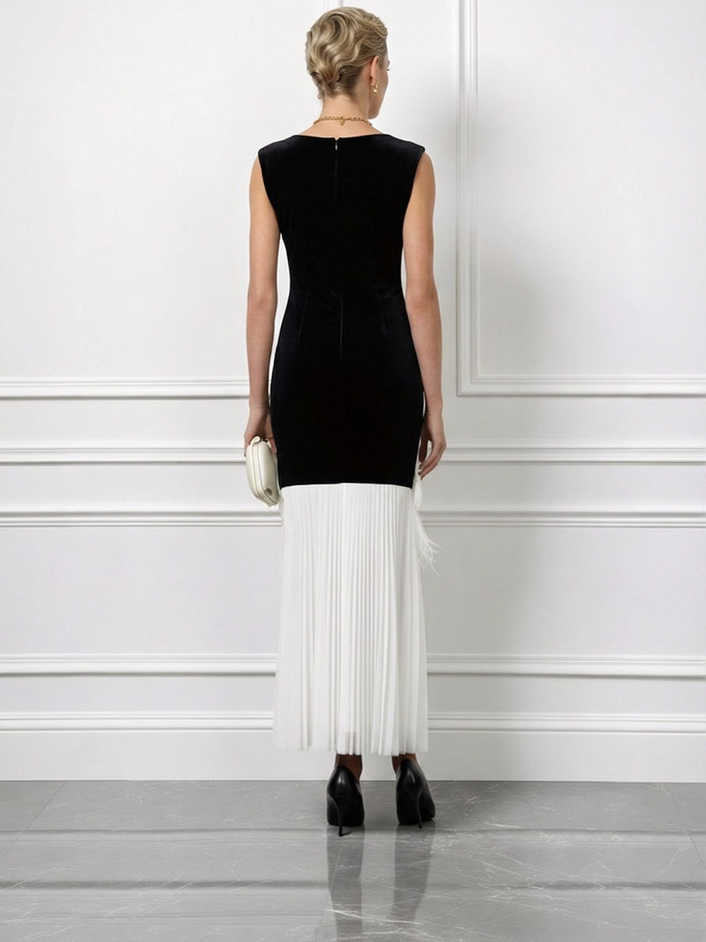 Elegant Floral Feather Tassel Boat Neck Pleated Maxi Dress