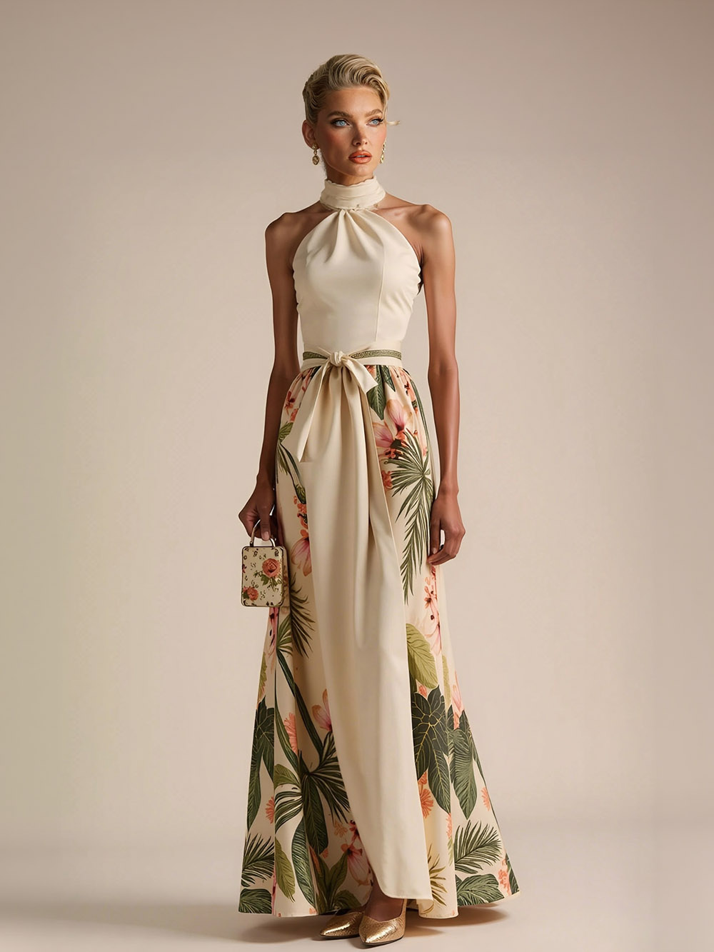 Halter Neck Floral Satin Print Maxi Dress