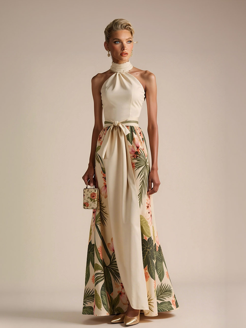 Halter Neck Floral Satin Print Maxi Dress