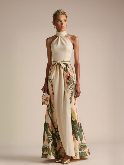 Halter Neck Floral Satin Print Maxi Dress