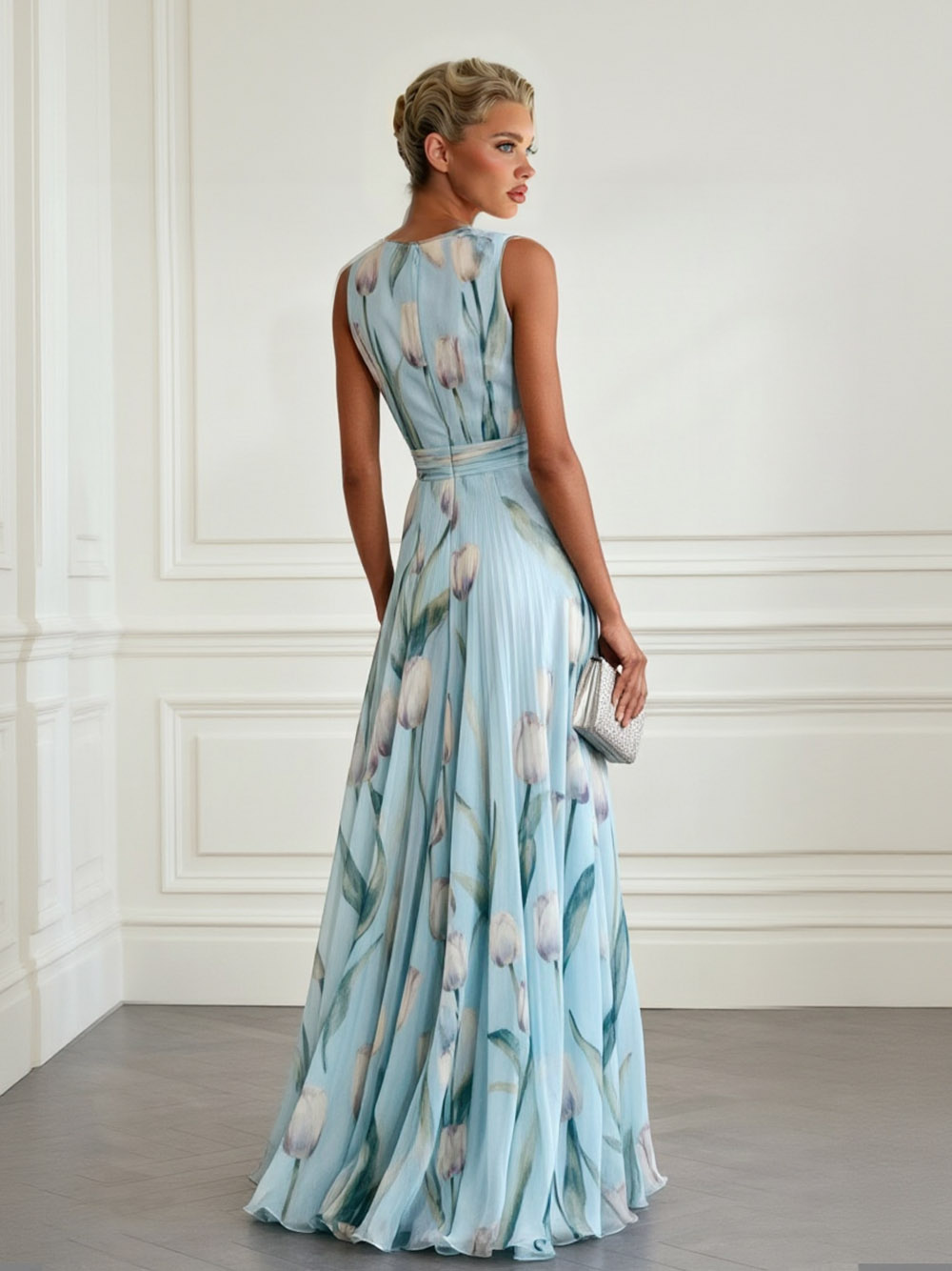 Elegant Tulip Print V-neck Maxi Dress