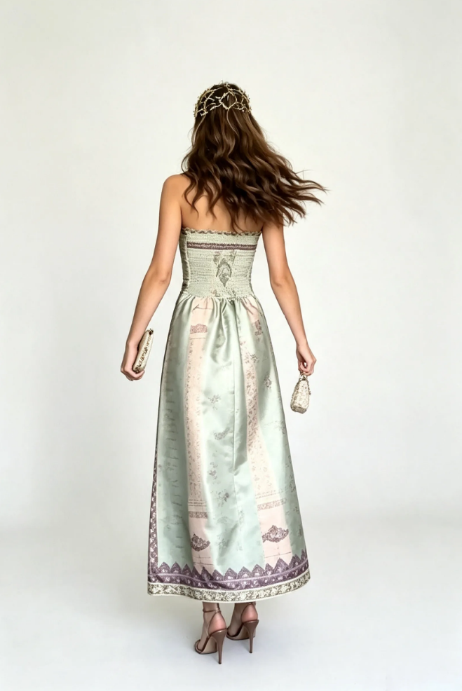 Women's Vintage Boho Strapless Maxi Dress - Sage Green & Purple Border Print Satin Summer Beach Dress