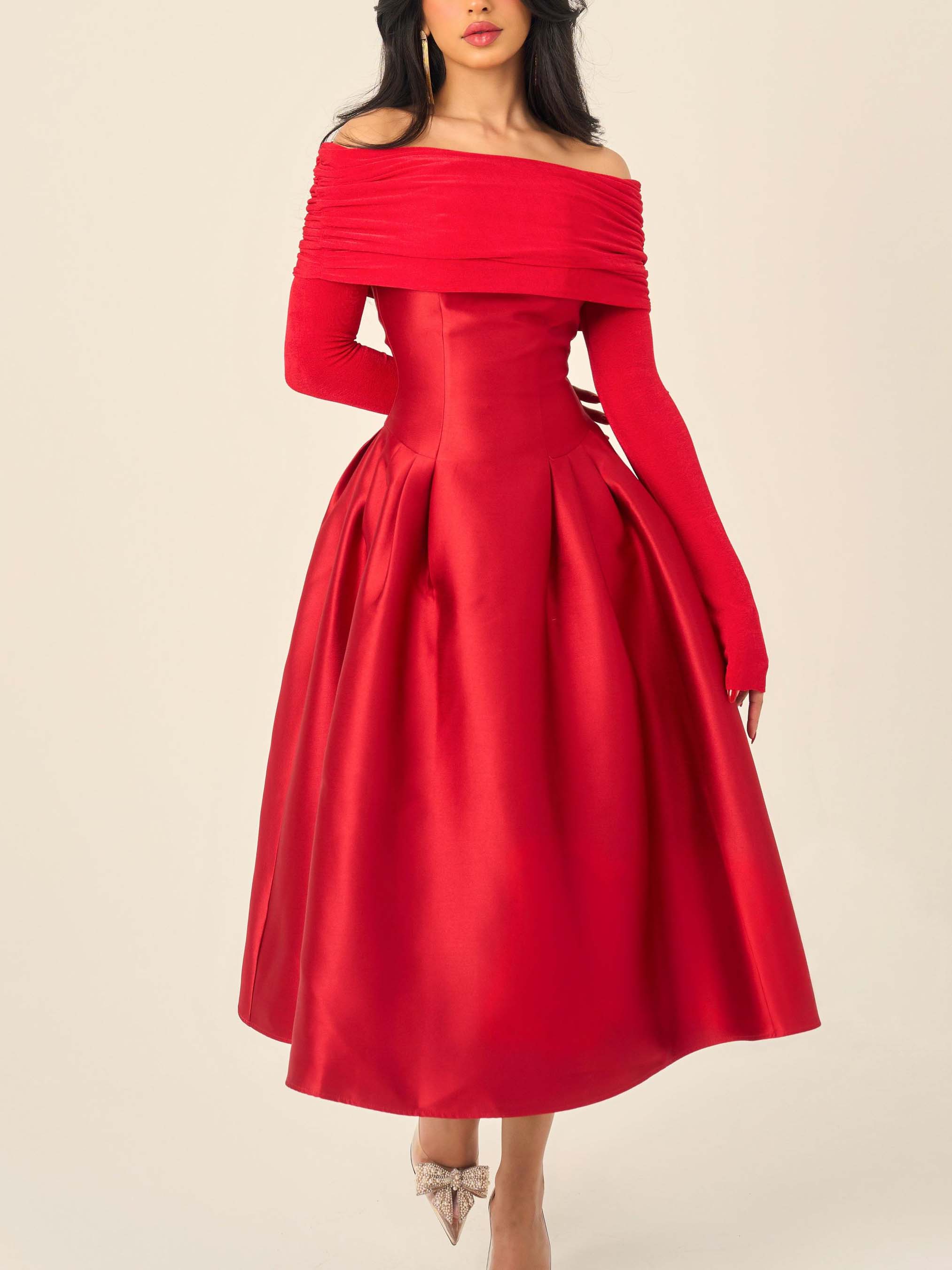 Elegant Off-Shoulder Satin Midi Dress