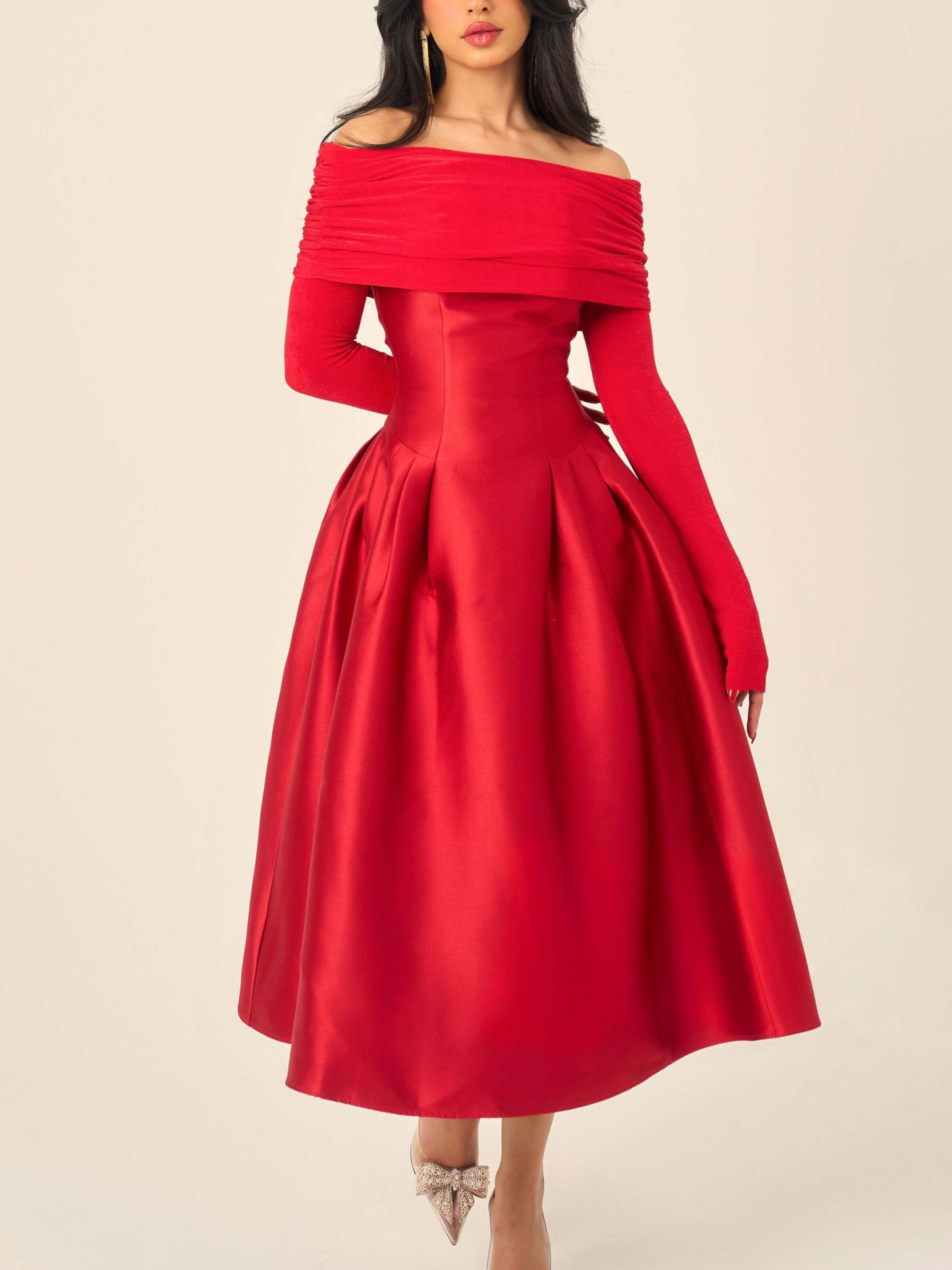 Elegant Off-Shoulder Satin Midi Dress