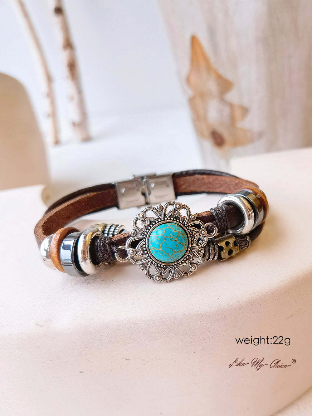 Bohemian Ethnic Turquoise Bracelet Leather Chain and Totem Element
