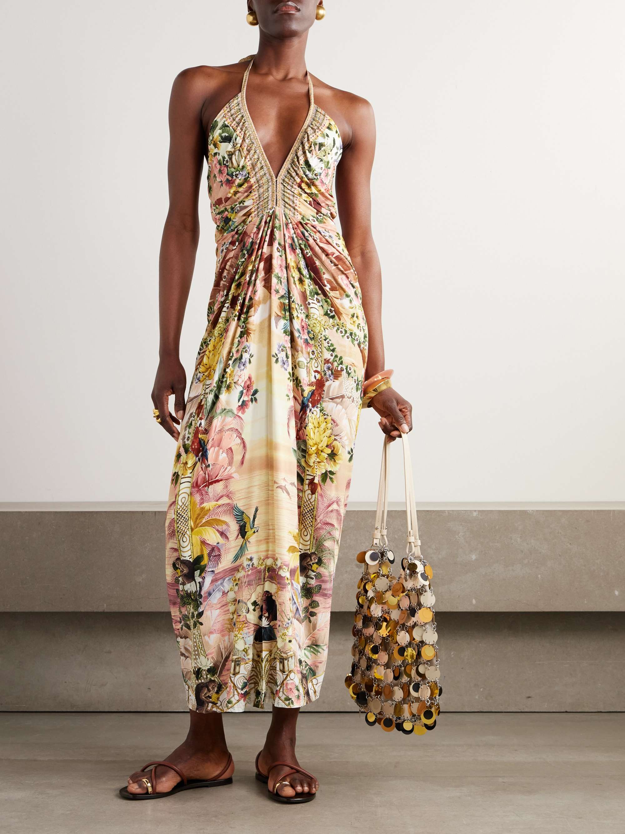 Elegant Tropical Sunset Floral Print Waist Maxi Dress