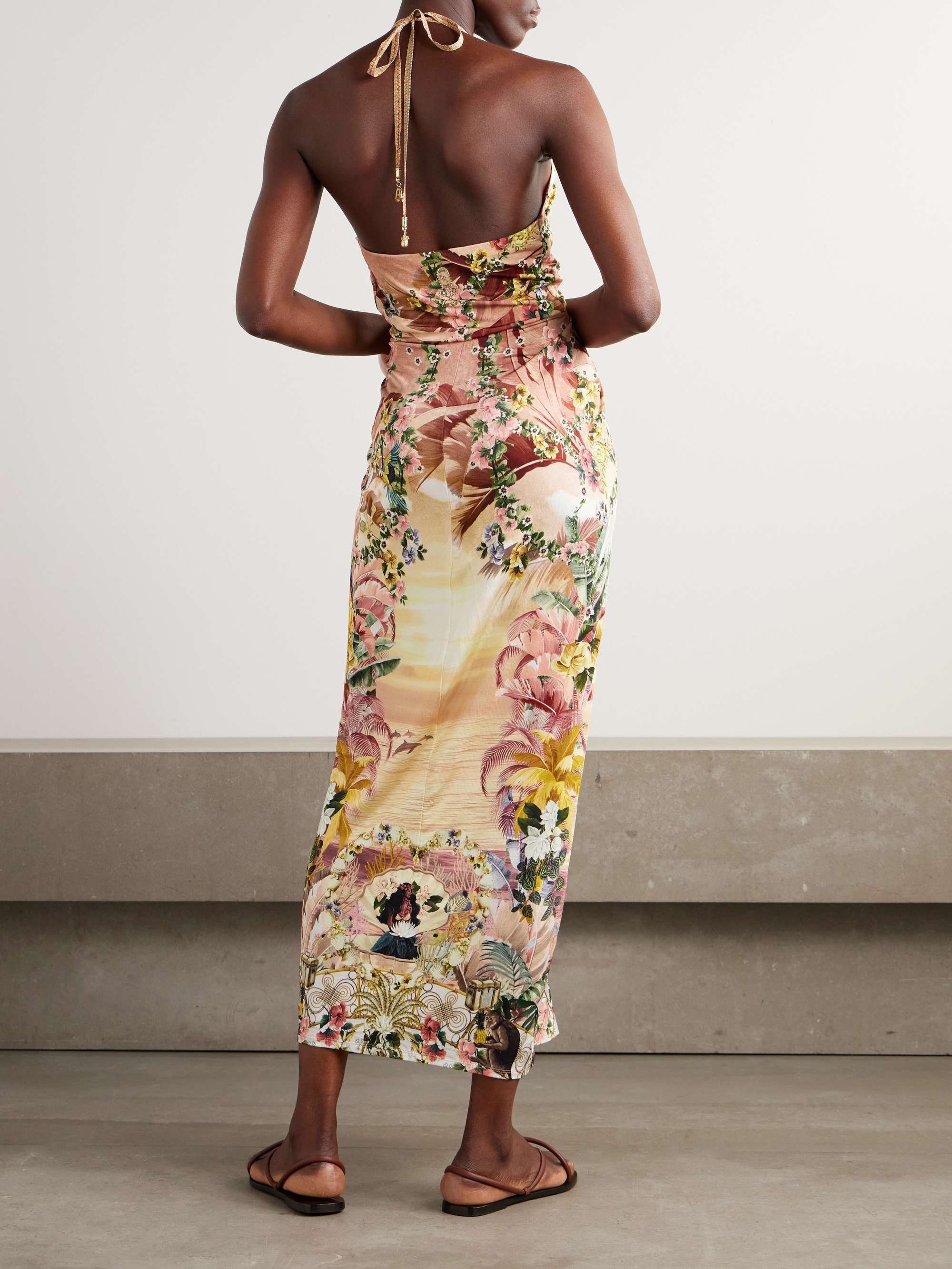 Elegant Tropical Sunset Floral Print Waist Maxi Dress