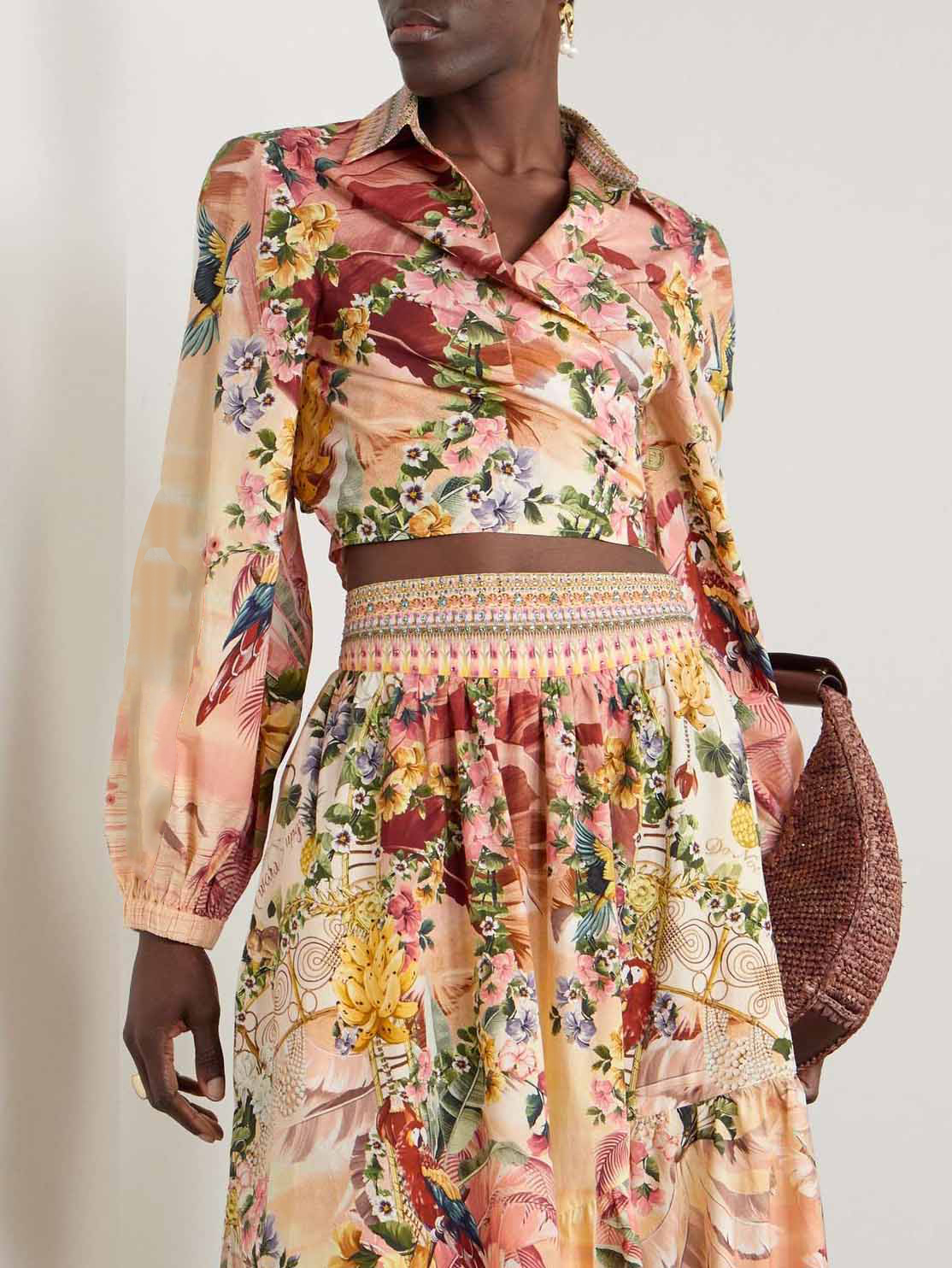 Exquisite Tropical Sunset Floral Print Wrap Shirt