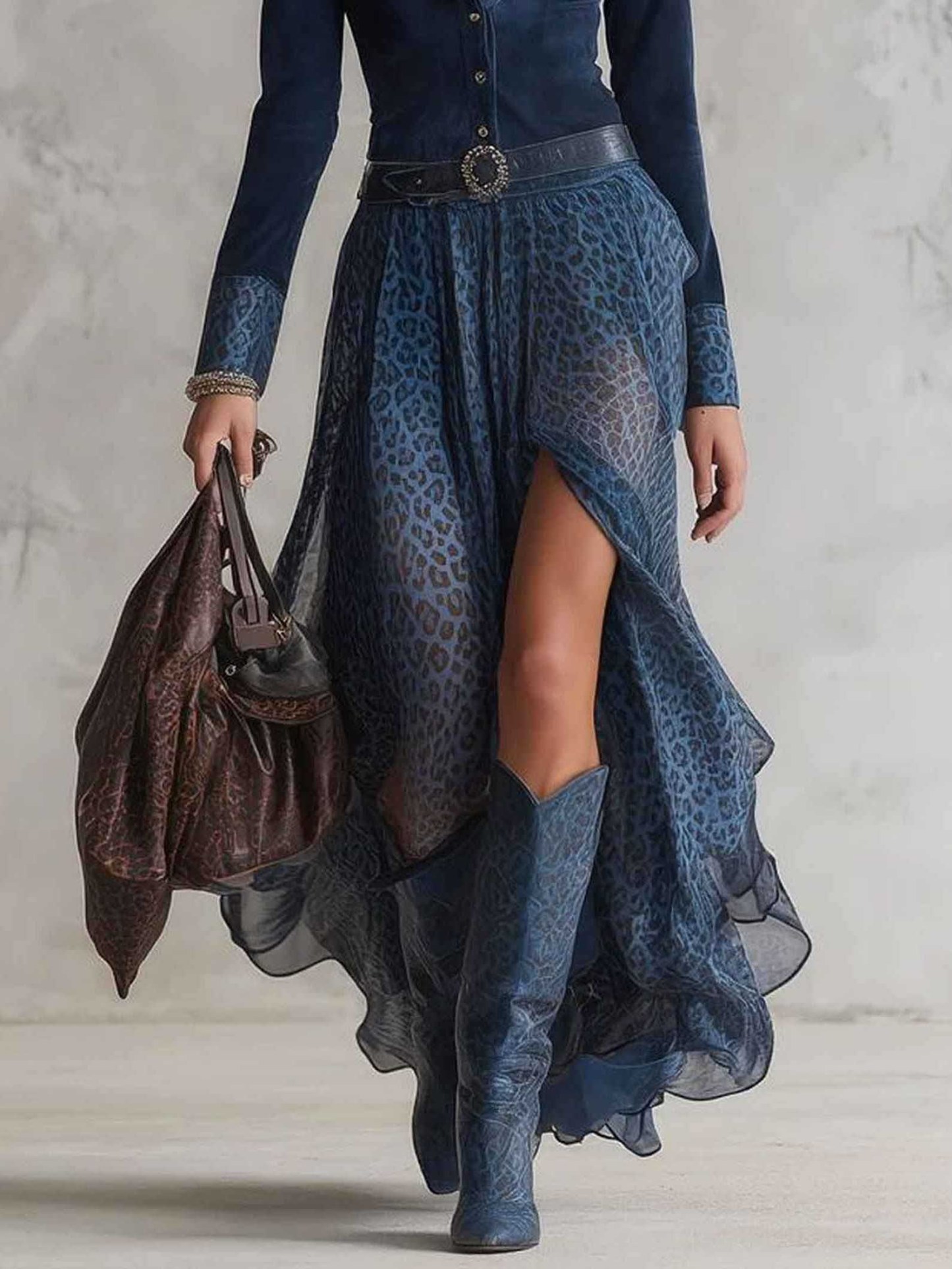 Retro Leopard Print Chiffon Split Maxi Dress