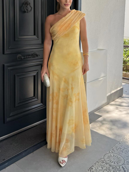 Tie-Dye Mesh Print One-Shoulder Sleeve Maxi Dress