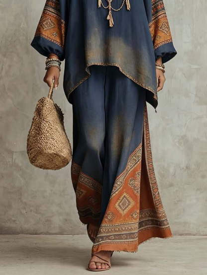 Retro Washed Ethnic Print Batwing Sleeve Two-Piece Set